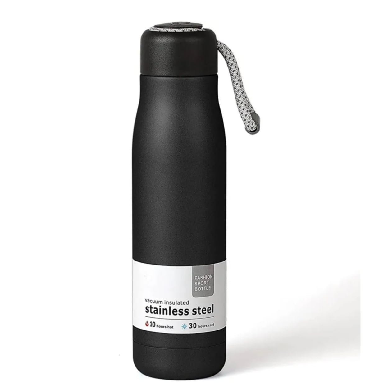 Stainless Steel Vacuum Insulated Water Bottle, Matte Black, with Rope Handle 500 Ml