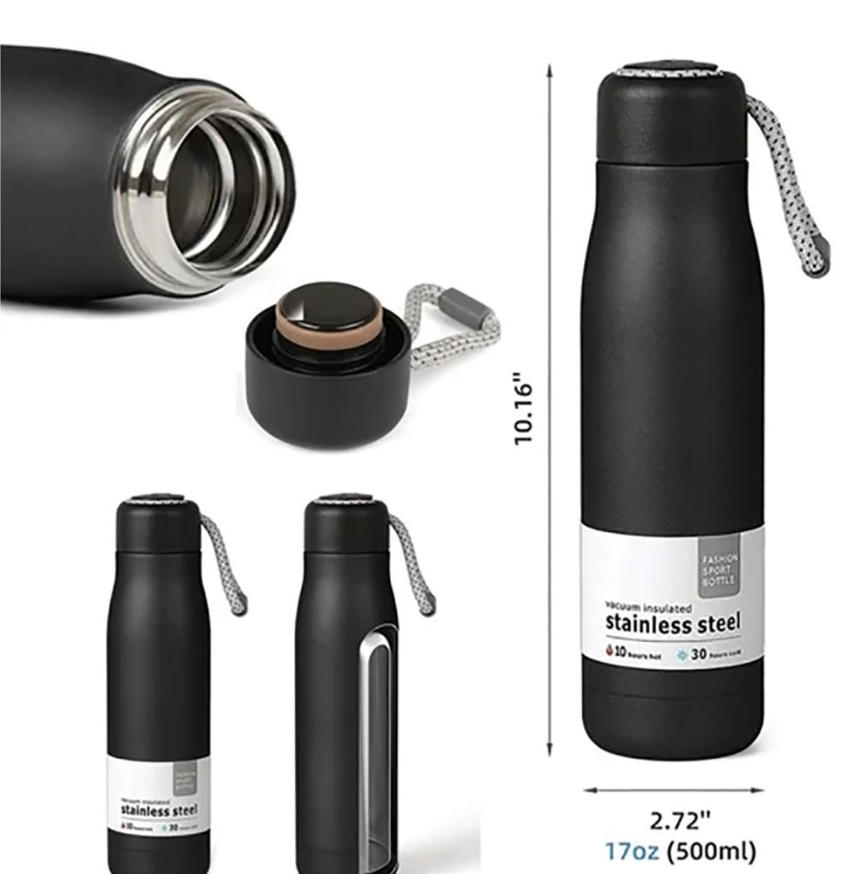 Stainless Steel Vacuum Insulated Water Bottle, Matte Black, with Rope Handle 500 Ml - Image 2