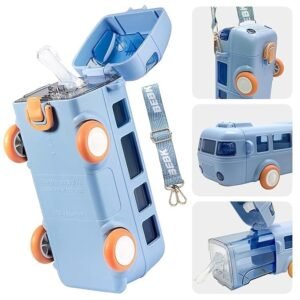 Kids Water Bottle with Straw, Cartoon Bus Design, 500ml Capacity, One-Button Press Lock Boys And Girls