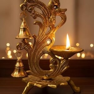 Decorative Oil Lamp Diya Stand with Bells, Antique Gold Finish, Traditional Peacock Design