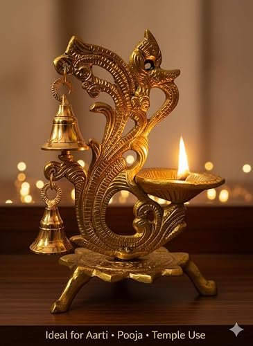 Decorative Oil Lamp Diya Stand with Bells, Antique Gold Finish, Traditional Peacock Design