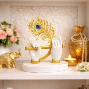 Gold Plated Krishna Hand with Flute Idol Peacock Feather Mor Pankh Showpiece