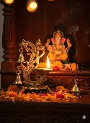 Decorative Oil Lamp Diya Stand with Bells, Antique Gold Finish, Traditional Peacock Design - Image 2