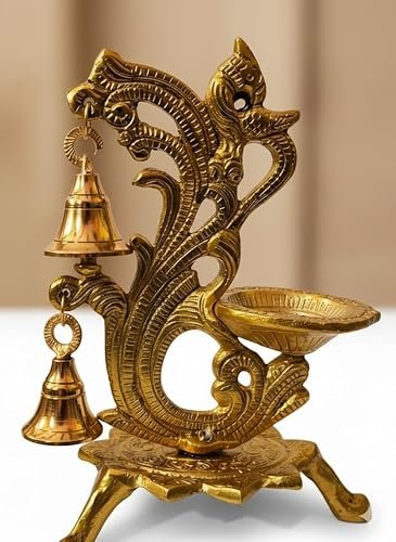 Decorative Oil Lamp Diya Stand with Bells, Antique Gold Finish, Traditional Peacock Design - Image 3