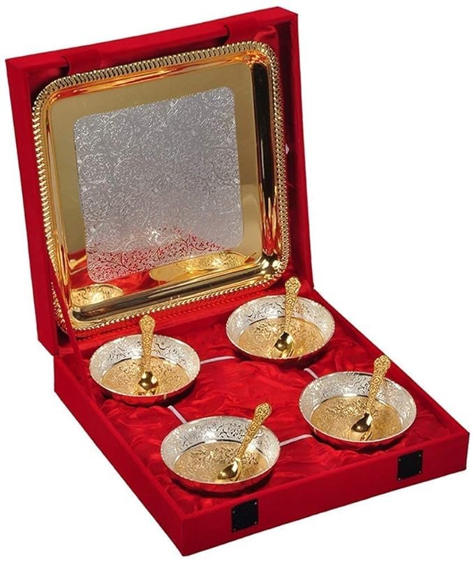 Silver & Gold Plated Decorative Bowl with Spoon Velvet Box Set