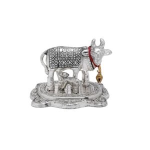 German Silver Kamdhenu Cow and Calf Statue | Animal Figurine Decorative Showpiece| Cow with Calf Idol for Home