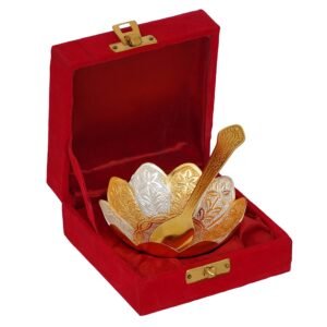 Silver & Gold Plated Decorative Single Bowl with Spoon Velvet Box Set