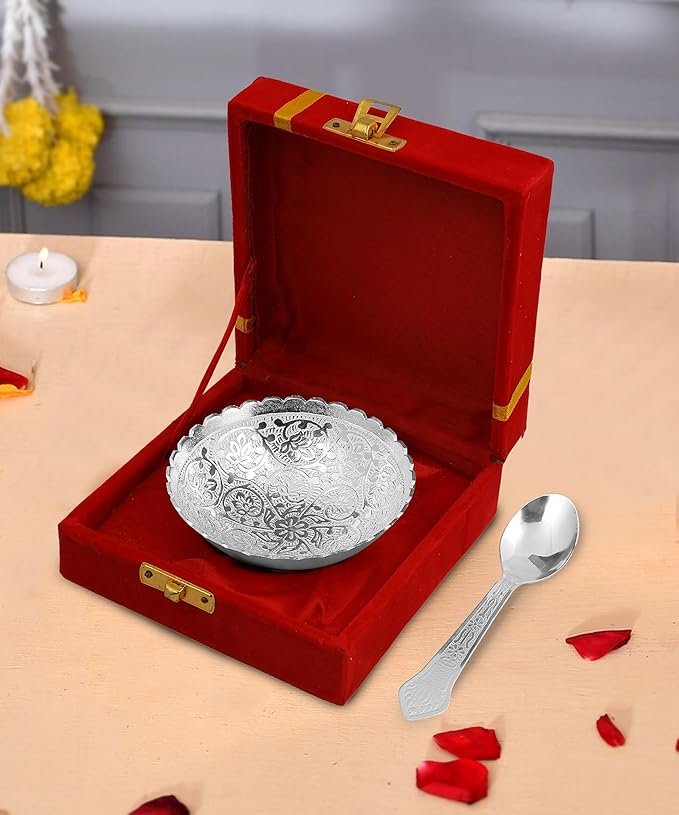 Silver Plated Decorative Bowl with Spoon Velvet Box Set