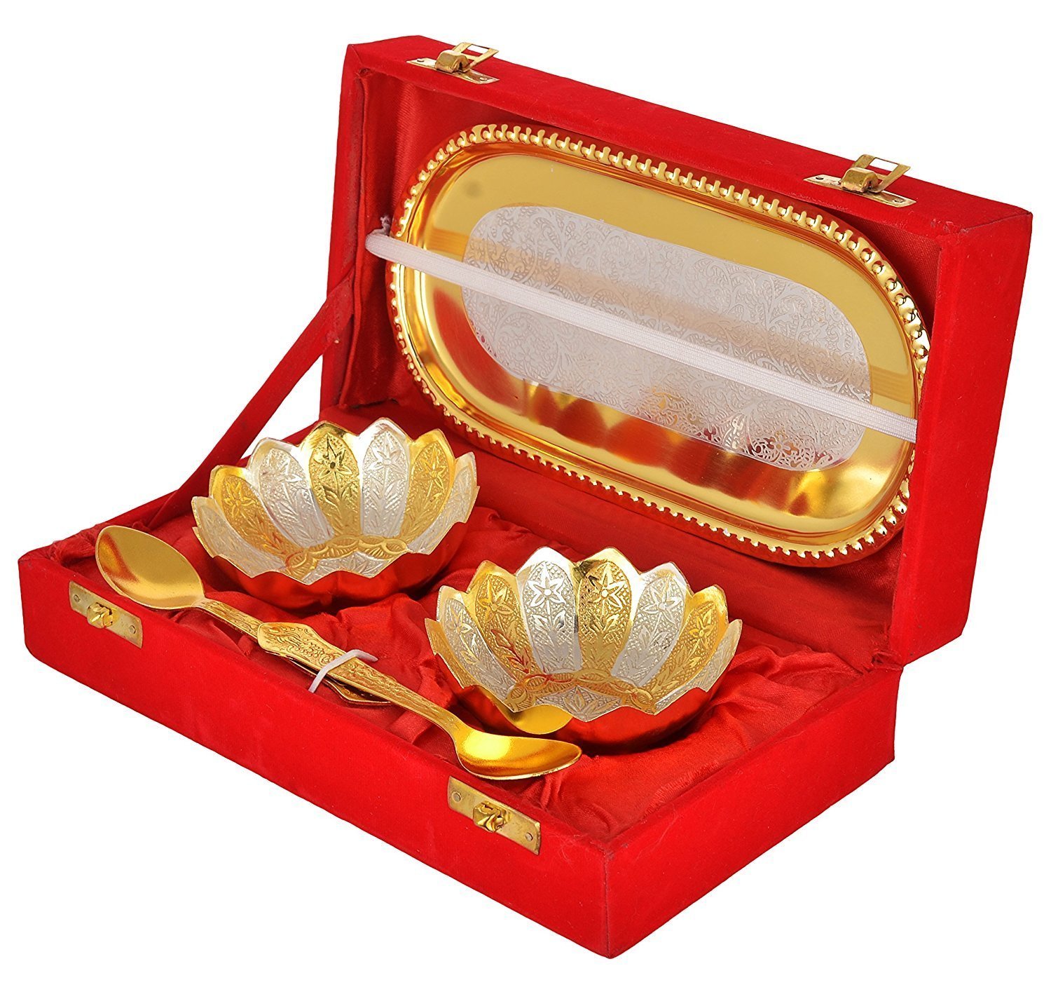 Silver & Gold Plated Decorative Bowl with Spoon Velvet Box Set