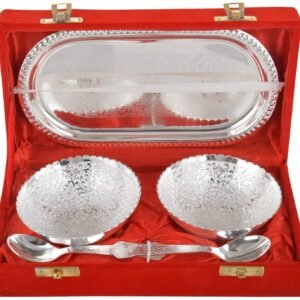 Silver Plated Decorative Double Bowl with Spoon Velvet Box Set