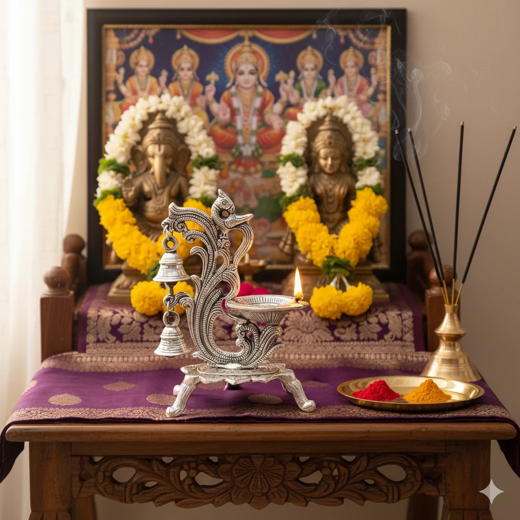 Decorative Oil Lamp Diya Stand with Bells, Antique Silver Finish, Traditional Peacock Design - Image 2