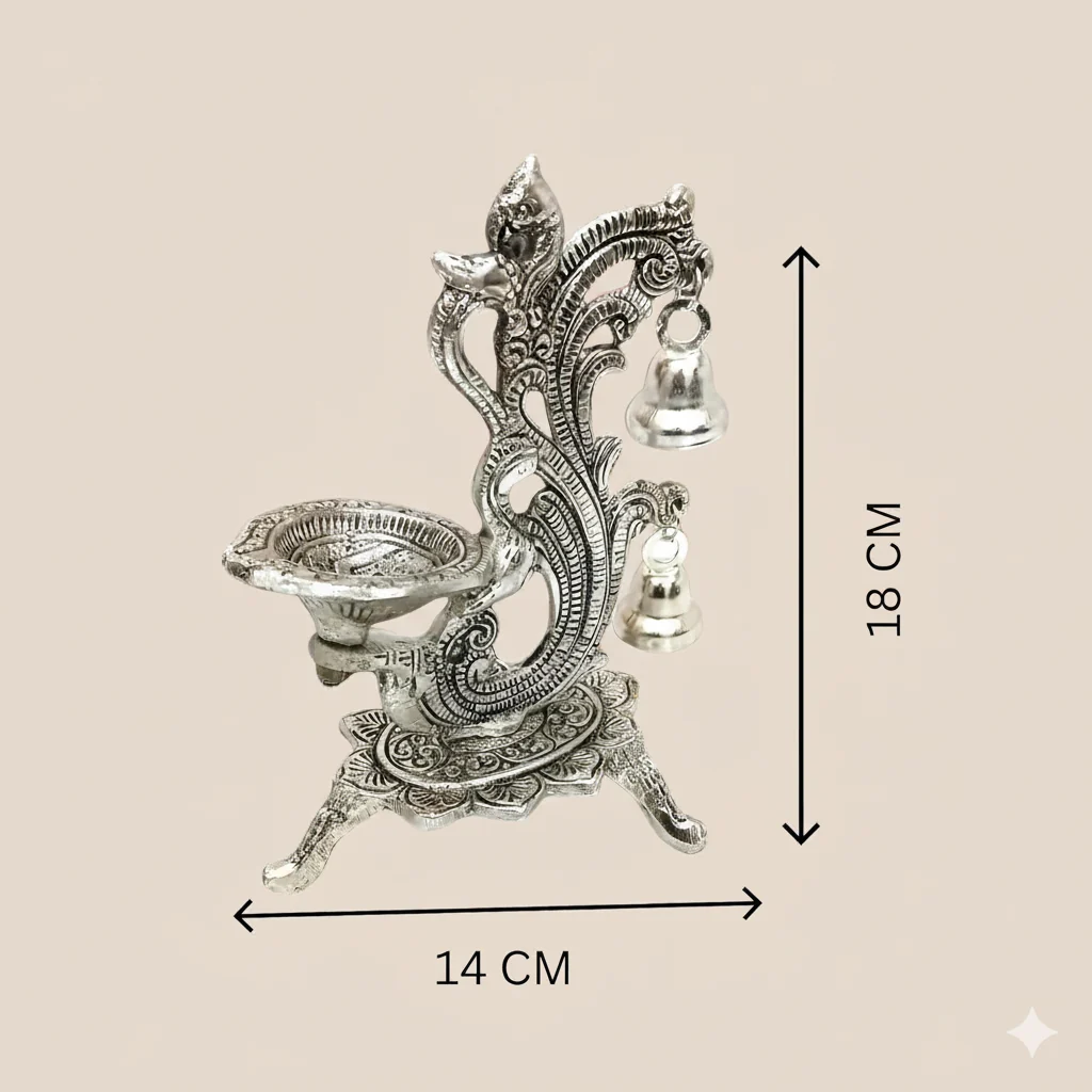 Decorative Oil Lamp Diya Stand with Bells, Antique Silver Finish, Traditional Peacock Design - Image 4