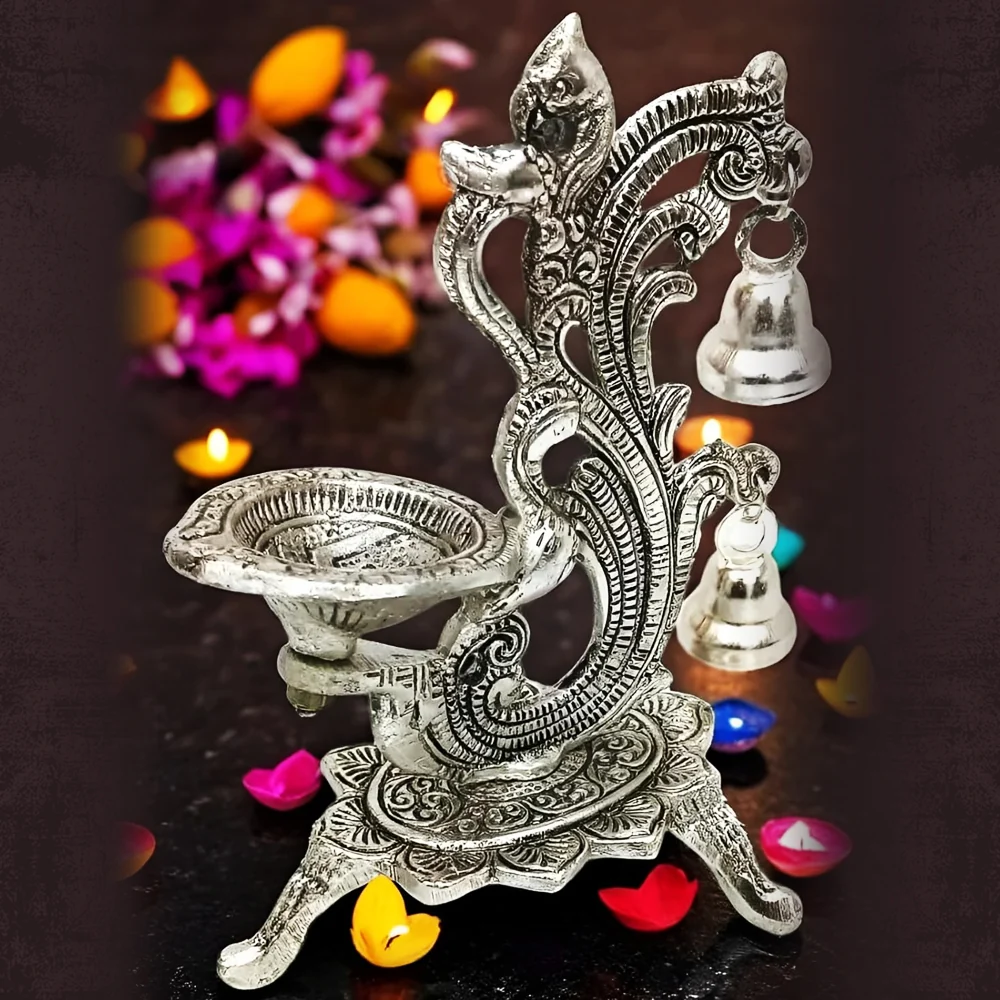 Decorative Oil Lamp Diya Stand with Bells, Antique Silver Finish, Traditional Peacock Design - Image 3