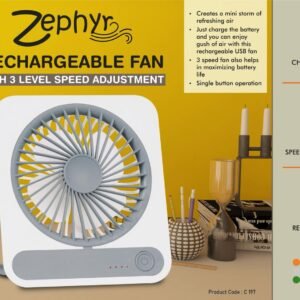 Zephyr RECHARGEABLE FAN with 3 level speed adjustment.