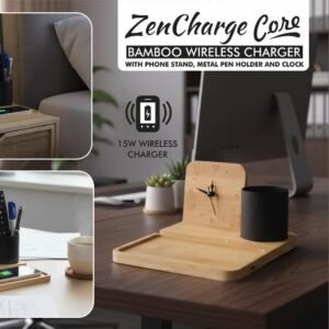 Bamboo Wireless Charger With Phone Stand Metal Pen Holder And Clock