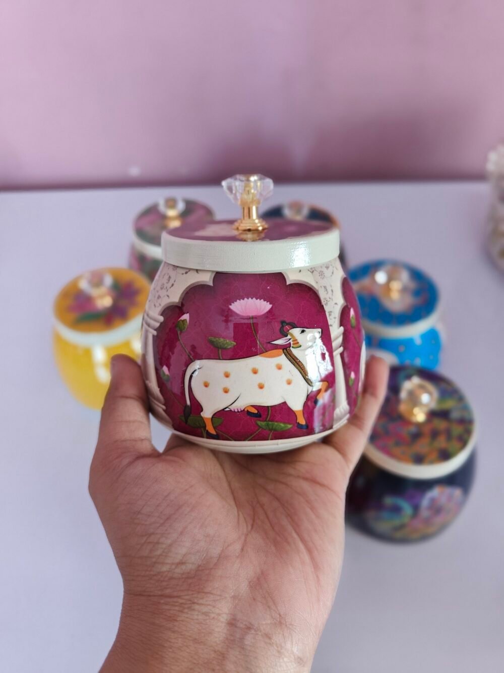 Cow Print Pichwai Decorative Jar with Lid – Metal Dry Fruit Storage Bowl with Crystal Knob - Image 4