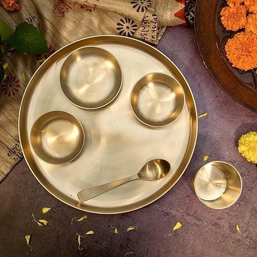 100% Kansa Solid Thali Set | 6 Pieces Bronze Thali Set | 6 Pcs Matte Finished Kansa Dinner Set - Image 3
