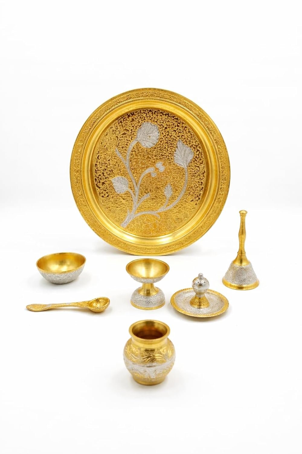 German Silver Pooja Thali Set in Velvet Box | Decorative Puja Plate Set with Bell, Kalash, Diya, Kumkum Bowl & Spoon | Traditional Mandir Accessories for Home, Festival & Gifting - Image 3