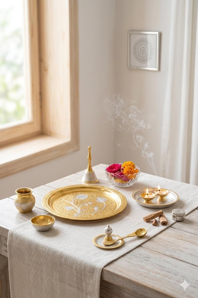German Silver Pooja Thali Set in Velvet Box | Decorative Puja Plate Set with Bell, Kalash, Diya, Kumkum Bowl & Spoon | Traditional Mandir Accessories for Home, Festival & Gifting - Image 4