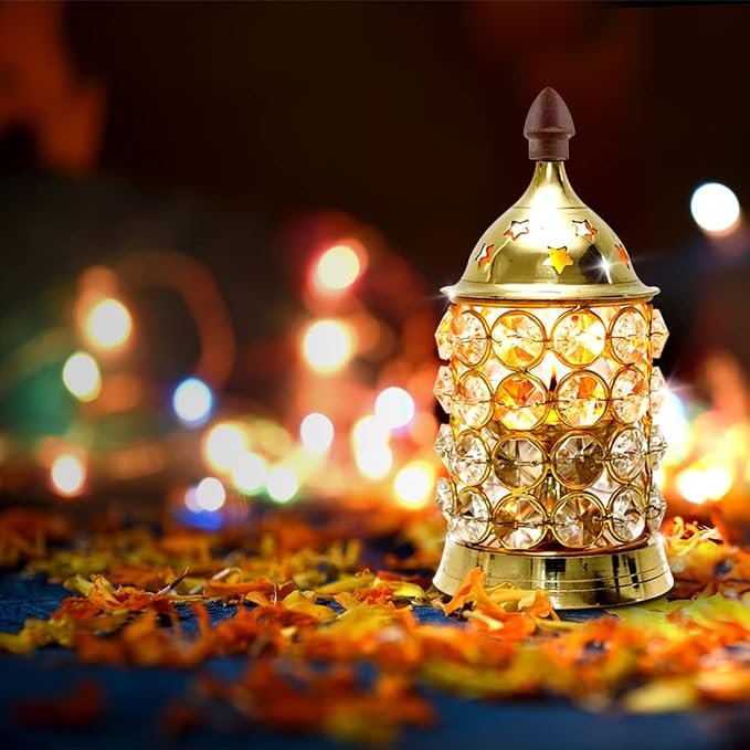 Akhand Jyoti Crystal Diya Made of Brass Diwali Gift / Diwali Deepawali Decoration Akhand Diya Decorative Brass Crystal Oil Lamp Tea Light Holder Lantern Pillar Shape - Image 4