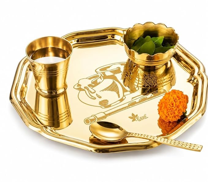 Bhog Thali Set for Puja and Mandir, 5 Inch Brass | Traditional Design, Golden Brass Finish, Home Temple Use, Daily Puja Use