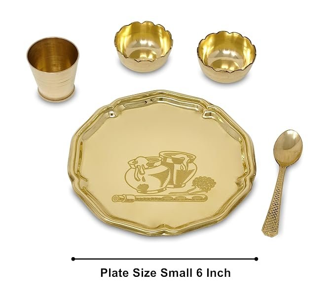 Pooja Thali Set Brass Very Small 6 Inch Designer Laddu Gopal Bhog Thali Set for Decoration Puja Item Festival - Image 2