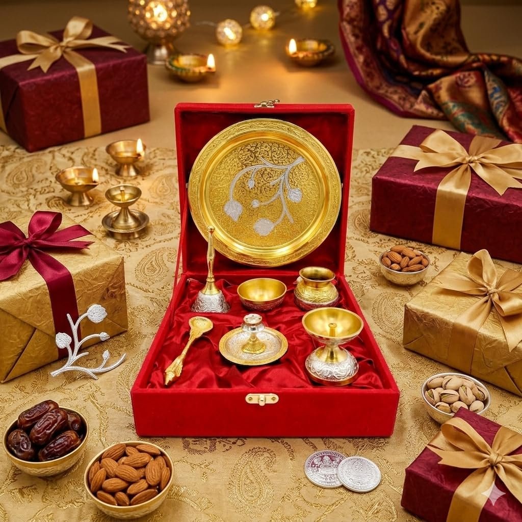 German Silver Pooja Thali Set in Velvet Box | Decorative Puja Plate Set with Bell, Kalash, Diya, Kumkum Bowl & Spoon | Traditional Mandir Accessories for Home, Festival & Gifting - Image 2
