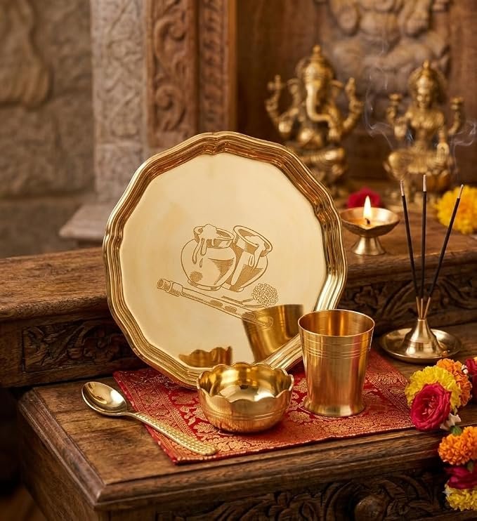 Bhog Thali Set for Puja and Mandir, 5 Inch Brass | Traditional Design, Golden Brass Finish, Home Temple Use, Daily Puja Use - Image 3