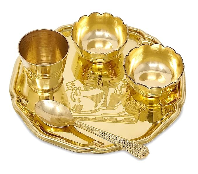 Pooja Thali Set Brass Very Small 6 Inch Designer Laddu Gopal Bhog Thali Set for Decoration Puja Item Festival - Image 3