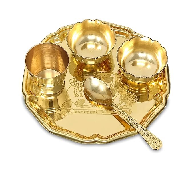 Pooja Thali Set Brass Very Small 6 Inch Designer Laddu Gopal Bhog Thali Set for Decoration Puja Item Festival