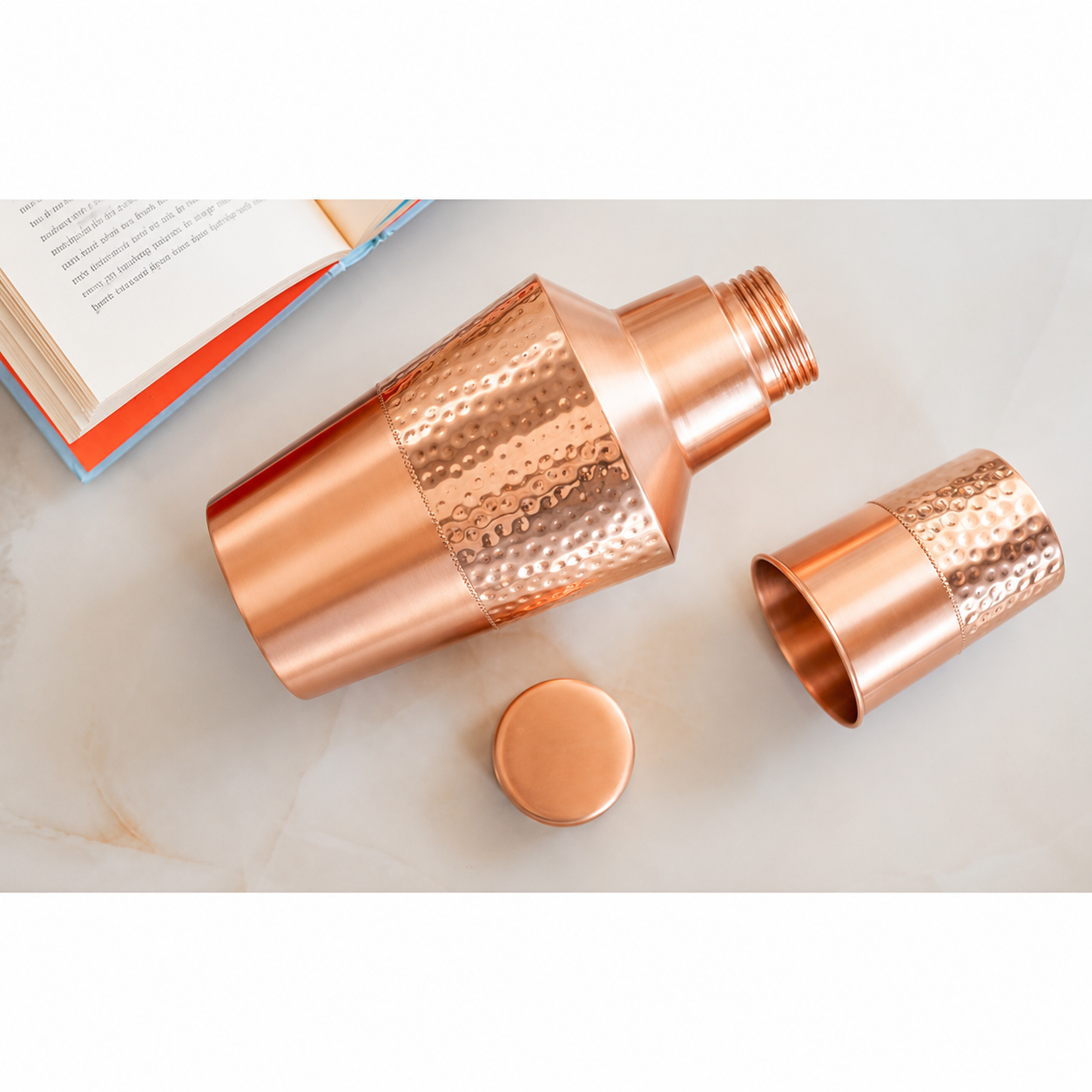 Copper Matt & Hammered Bedroom Water Bottle with Glass & Leak-Proof Cap, Ayurvedic Pure Copper Bed Jar - Image 2