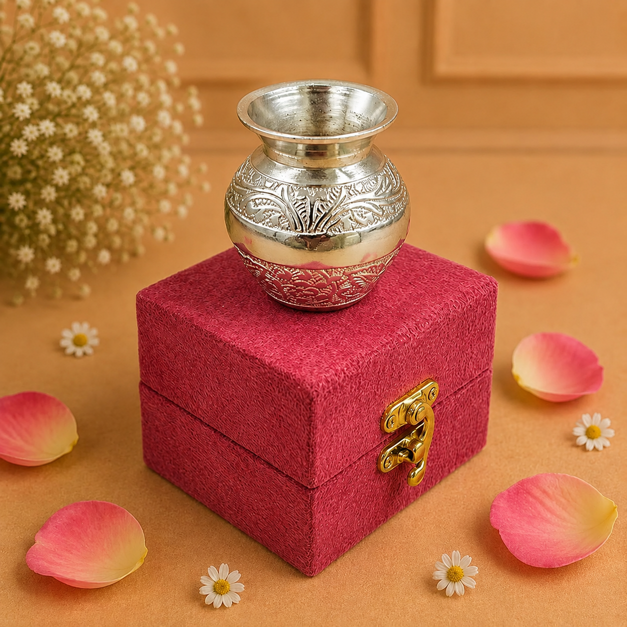 Pooja Kalash with Velvet Gift Box | German Silver Plated Puja Lota for Mandir