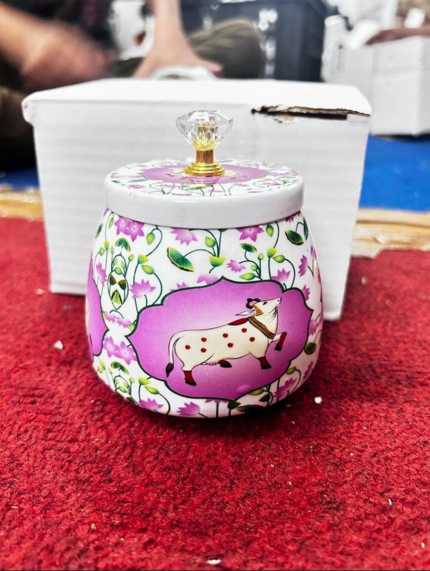 Cow Print Pichwai Decorative Jar with Lid – Metal Dry Fruit Storage Bowl with Crystal Knob - Image 3