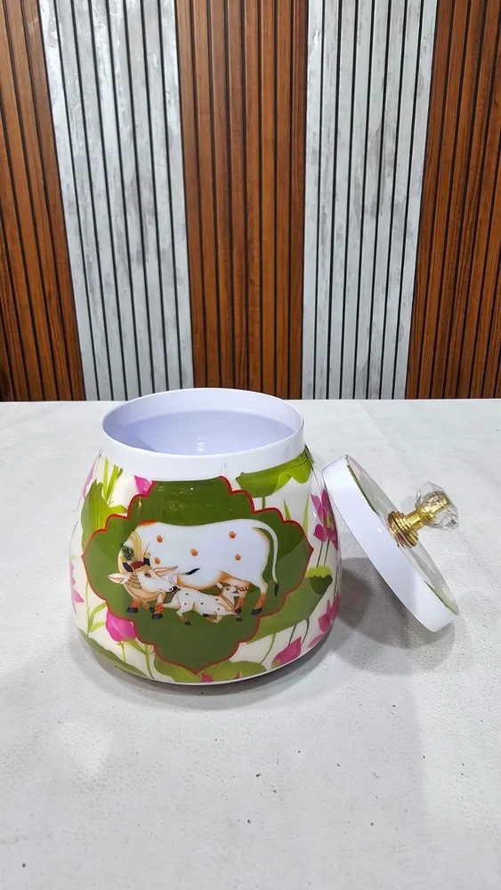 Cow Print Pichwai Decorative Jar with Lid – Metal Dry Fruit Storage Bowl with Crystal Knob - Image 2